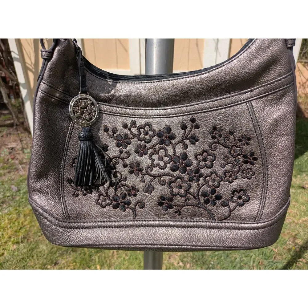 Brighton Handbag Embroidered Flowers Leather Metallic Pewter w/ Tassel Purse HTF